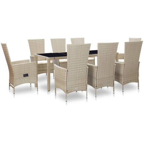 Set comedor de jardín 9 piezas y cojines ratán sintético beige