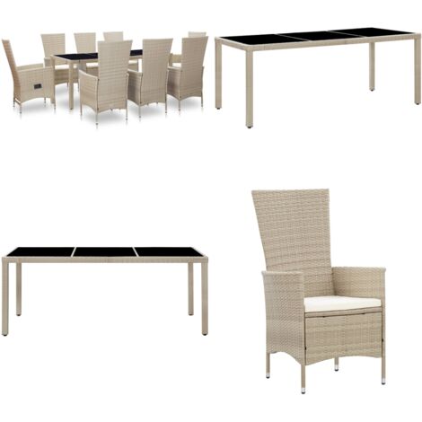 Set comedor de jardín 9 piezas y cojines ratán sintético beige - Ratán sintético - Cojines para sillas