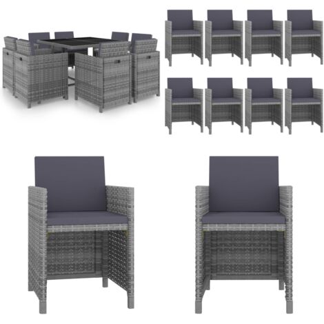 Set comedor de jardín 9 piezas y cojines ratán sintético gris - Comedor de jardín - Ratán sintético
