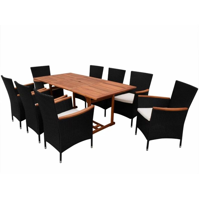 

Set comedor de jardín 9 piezas y cojines ratán sintético negro