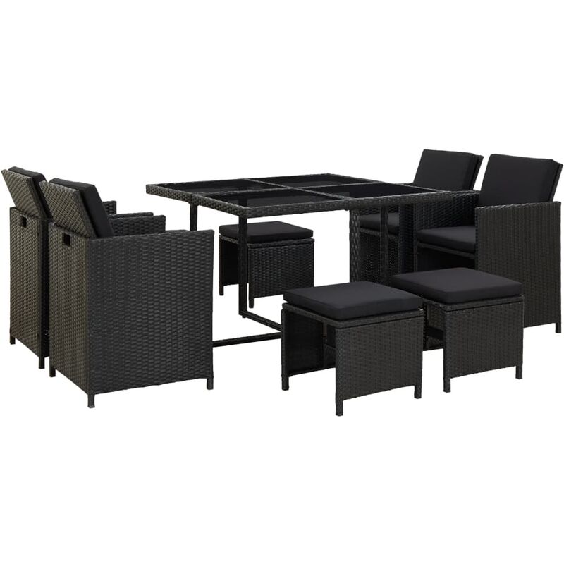 

Set comedor de jardín 9 piezas y cojines ratán sintético negro