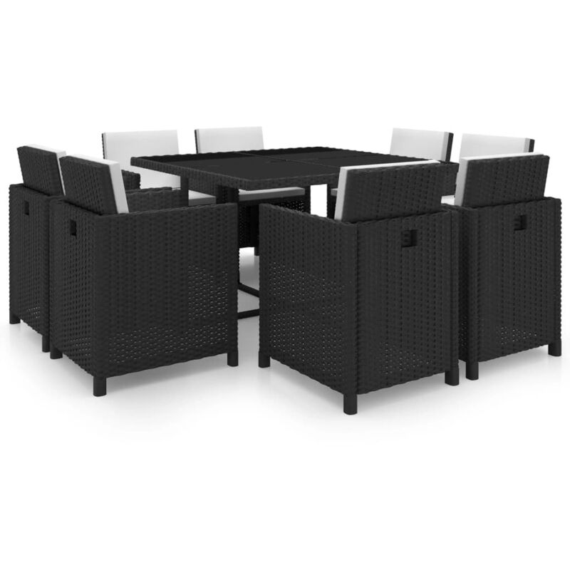 Set comedor de jardín 9 piezas y cojines ratán sintético negro