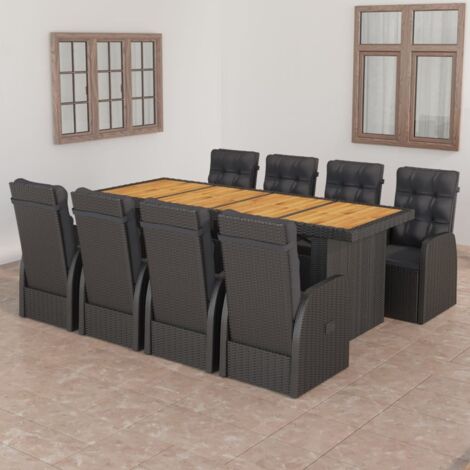 Set comedor de jardín 9 piezas y cojines ratán sintético negro