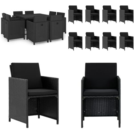 Set comedor de jardín 9 piezas y cojines ratán sintético negro - Comedor de jardín - Sillas de jardín