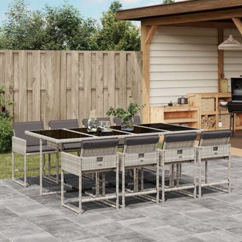 Set comedor de jardín 9 pzas cojines ratán sintético gris claro