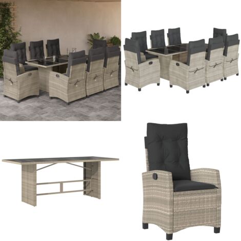Set comedor de jardín 9 pzas cojines ratán sintético gris claro - Cojines para jardín - Muebles de jardín