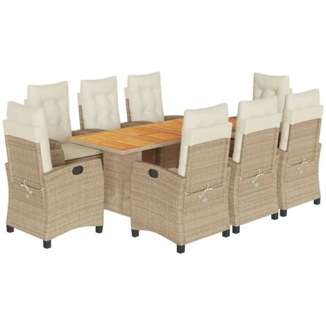 Set comedor de jardín 9 pzas con cojines ratán sintético beige