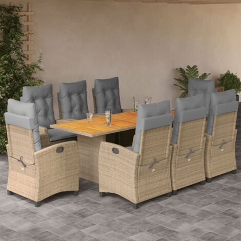 Set comedor de jardín 9 pzas con cojines ratán sintético beige