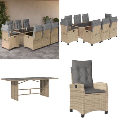 Set comedor de jardín 9 pzas con cojines ratán sintético beige - Asiento de jardín - Cojín de jardín