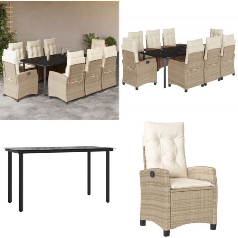 Set comedor de jardín 9 pzas con cojines ratán sintético beige - Asiento de jardín - Cojín de jardín