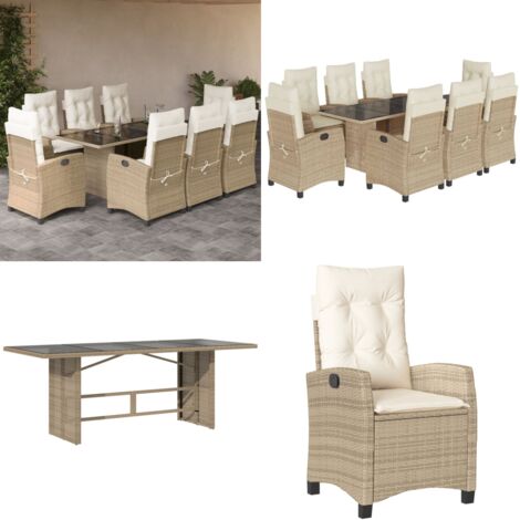 Set comedor de jardín 9 pzas con cojines ratán sintético beige - Asiento de jardín - Cojín de jardín