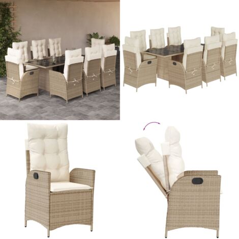 Set comedor de jardín 9 pzas con cojines ratán sintético beige - Asiento de jardín - Cojín de jardín