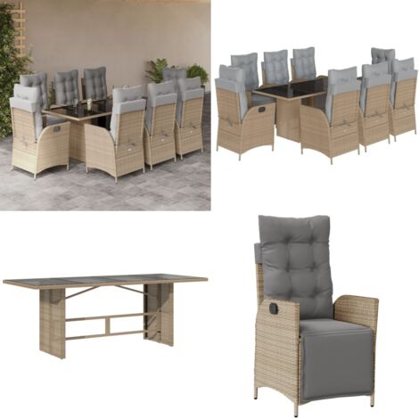 Set comedor de jardín 9 pzas con cojines ratán sintético beige - Asientos de jardín - Cojines de jardín