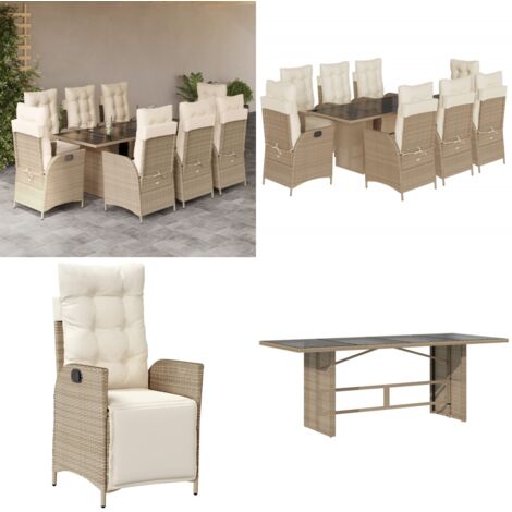 Set comedor de jardín 9 pzas con cojines ratán sintético beige - Asientos de jardín - Cojines de jardín