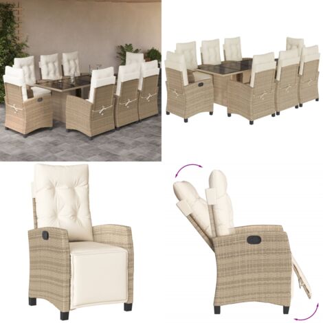 Set comedor de jardín 9 pzas con cojines ratán sintético beige - Asientos de jardín - Cojines para jardín