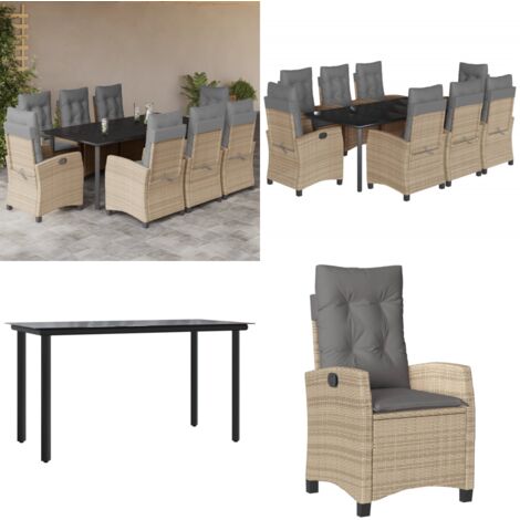 Set comedor de jardín 9 pzas con cojines ratán sintético beige - Asientos de jardín - Cojines para jardín