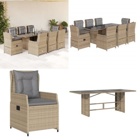 Set comedor de jardín 9 pzas con cojines ratán sintético beige - Asientos de jardín - Cojines para jardín