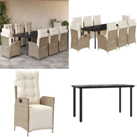 Set comedor de jardín 9 pzas con cojines ratán sintético beige - Asientos de jardín - Cojines para jardín