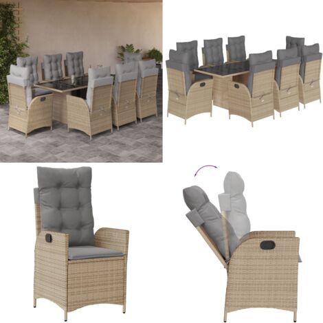 Set comedor de jardín 9 pzas con cojines ratán sintético beige - Asientos de jardín - Cojines para jardín