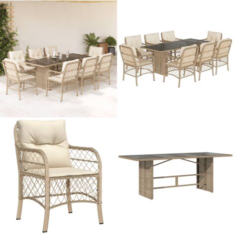 Set comedor de jardín 9 pzas con cojines ratán sintético beige - Muebles de jardín - Cojines para sillas