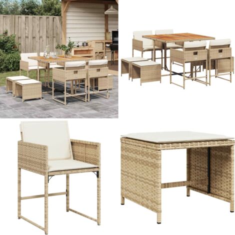 Set comedor de jardín 9 pzas con cojines ratán sintético beige - Sillas de jardín - Cojines para sillas