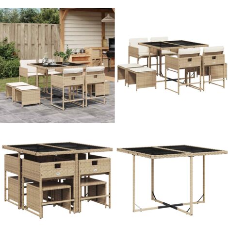 Set comedor de jardín 9 pzas con cojines ratán sintético beige - Sillas de jardín - Cojines para sillas