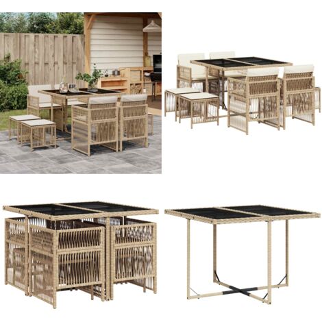 Set comedor de jardín 9 pzas con cojines ratán sintético beige - Sillas de jardín - Cojines para sillas