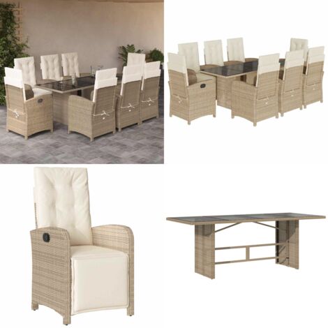 Set comedor de jardín 9 pzas con cojines ratán sintético beige - Sillas de jardín - Mesa de jardín