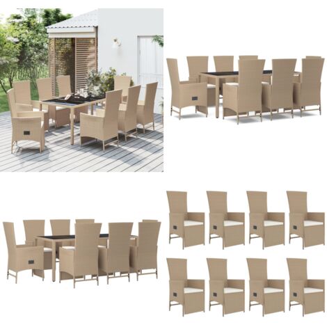 Set comedor de jardín 9 pzas con cojines ratán sintético beige - Sillas de jardín - Mesa de jardín