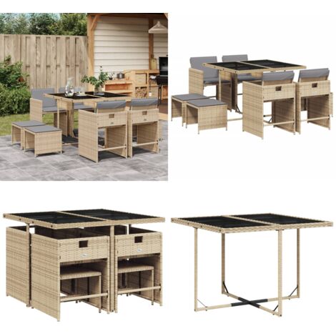 Set comedor de jardín 9 pzas con cojines ratán sintético beige - Sillas de jardín - Mesa de jardín