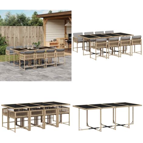 Set comedor de jardín 9 pzas con cojines ratán sintético beige - Sillas de jardín - Mesa de jardín