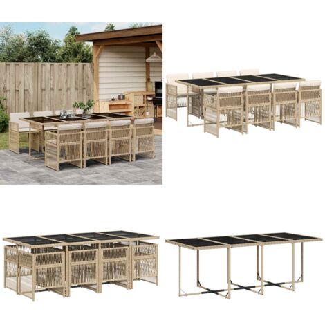 Set comedor de jardín 9 pzas con cojines ratán sintético beige - Sillas de jardín - Mesa de jardín
