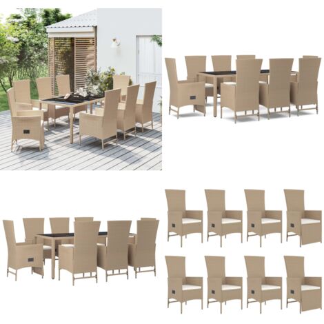 Set comedor de jardín 9 pzas con cojines ratán sintético beige - Sillas de jardín - Mesa de jardín