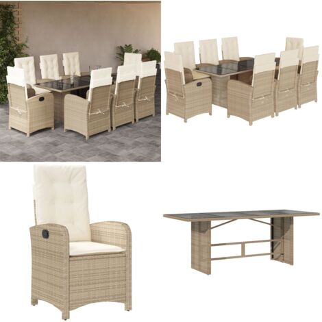 Set comedor de jardín 9 pzas con cojines ratán sintético beige - Sillas de jardín reclinables - Cojines para jardín
