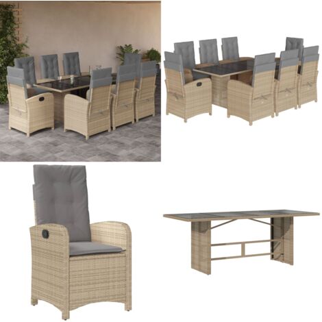 Set comedor de jardín 9 pzas con cojines ratán sintético beige - Sillas de jardín reclinables - Cojines para jardín
