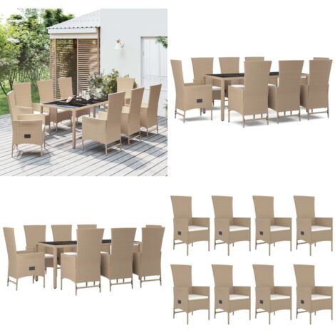 Set comedor de jardín 9 pzas con cojines ratán sintético beige - Sillas de jardín reclinables - Ratán sintético