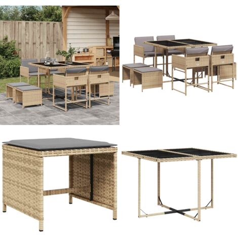 Set comedor de jardín 9 pzas con cojines ratán sintético beige - Sillas de jardín - Taburetes de jardín