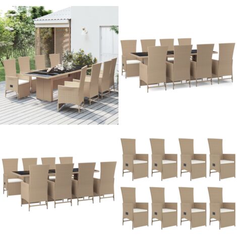 Set comedor de jardín 9 pzas con cojines ratán sintético beige - Sillas reclinables - Ratán sintético