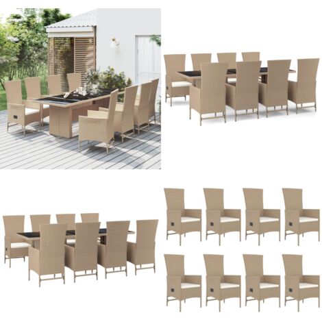 Set comedor de jardín 9 pzas con cojines ratán sintético beige - Sillas reclinables - Ratán sintético