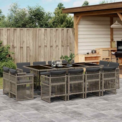 Set comedor de jardín con cojines 13 pzas ratán sintético gris