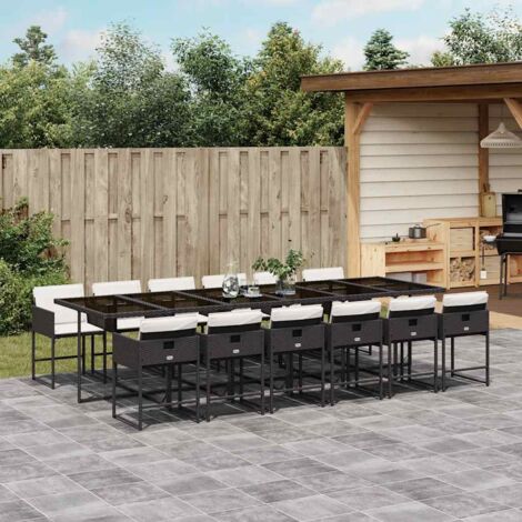 Set comedor de jardín con cojines 13 pzas ratán sintético negro