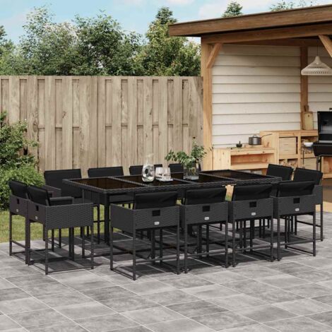 Set comedor de jardín con cojines 13 pzas ratán sintético negro