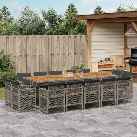 Set comedor de jardín con cojines 15 pzas ratán sintético gris