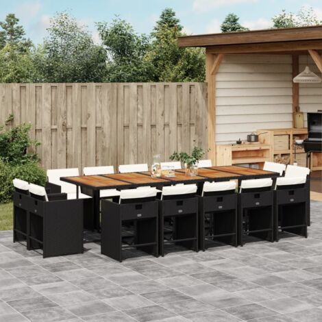 Set comedor de jardín con cojines 15 pzas ratán sintético negro