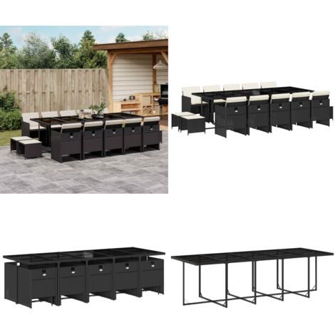 Set comedor de jardín con cojines 15 pzas ratán sintético negro - Sillas de jardín - Cojines para sillas