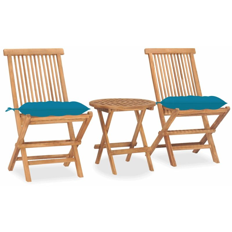 

Set comedor de jardín plegable 3 piezas madera de teca cojines