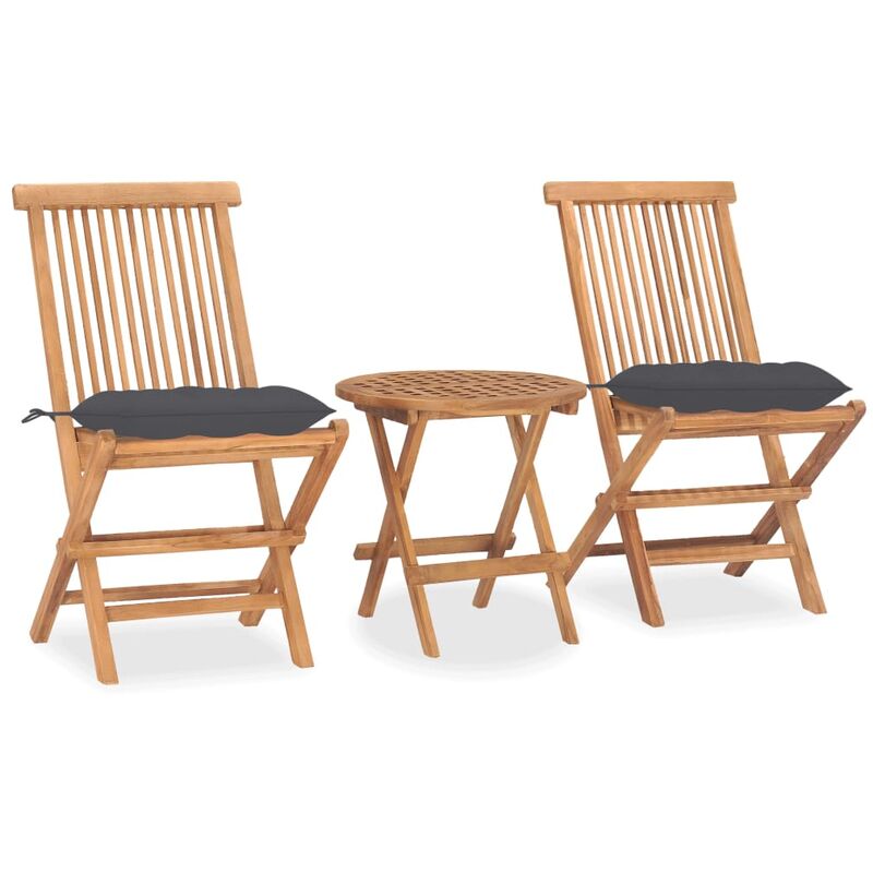 

Set comedor de jardín plegable 3 piezas madera de teca cojines