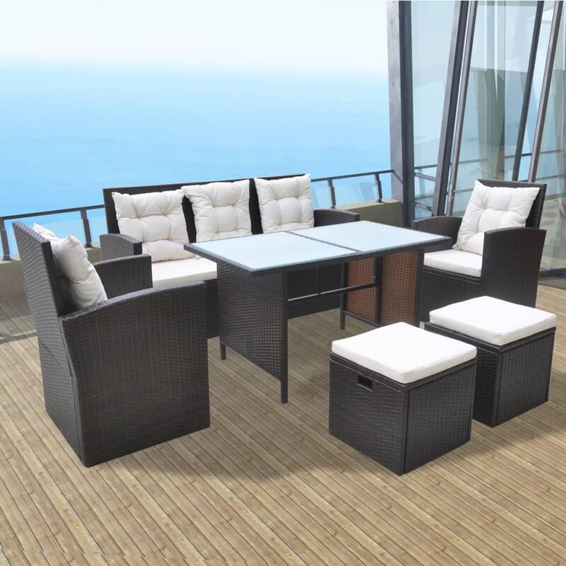 

Set comedor de jardín 6 piezas y cojines ratán sintético marrón - Marrón