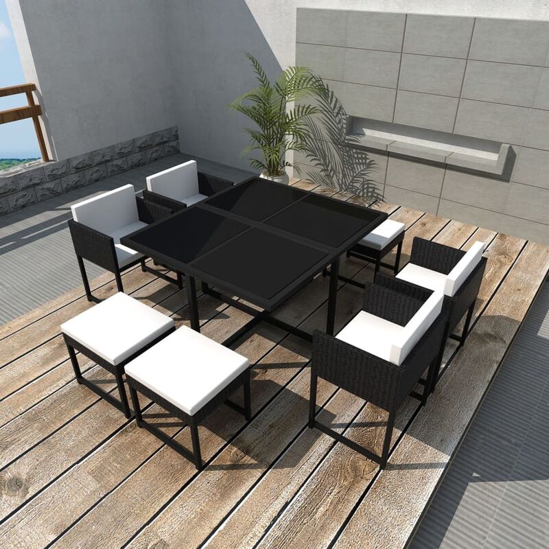 

Set comedor de jardín 9 piezas y cojines ratán sintético negro - Negro