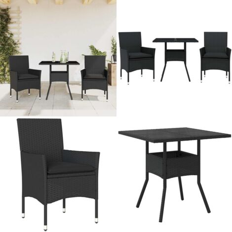 Set comedor jardín 3 pzas cojines ratán sintético vidrio negro - Cojines para jardín - Muebles de jardín